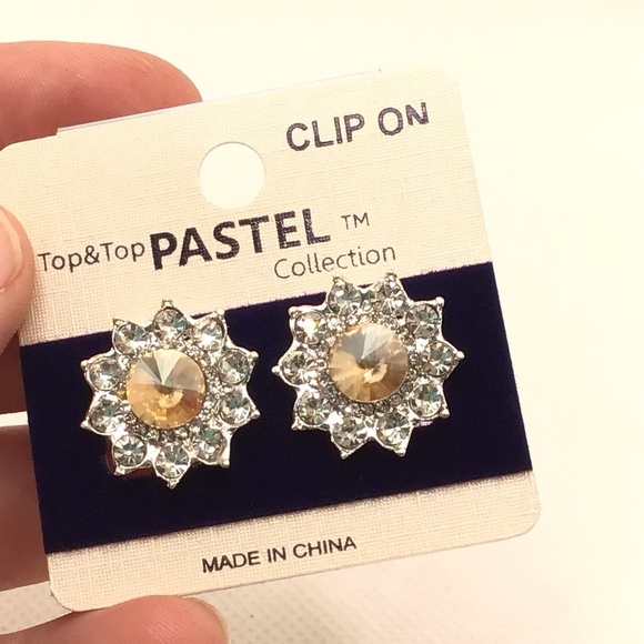 Pastel Collection Crystal & Gold Rhinestone Flower Shaped Clip-On Earrings - Picture 1 of 5